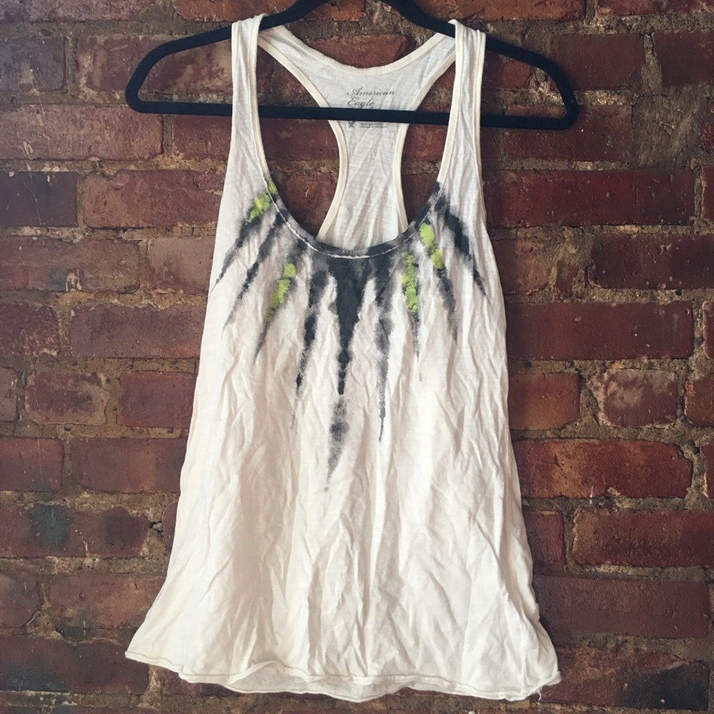 White tank top with grey green neckline pattern